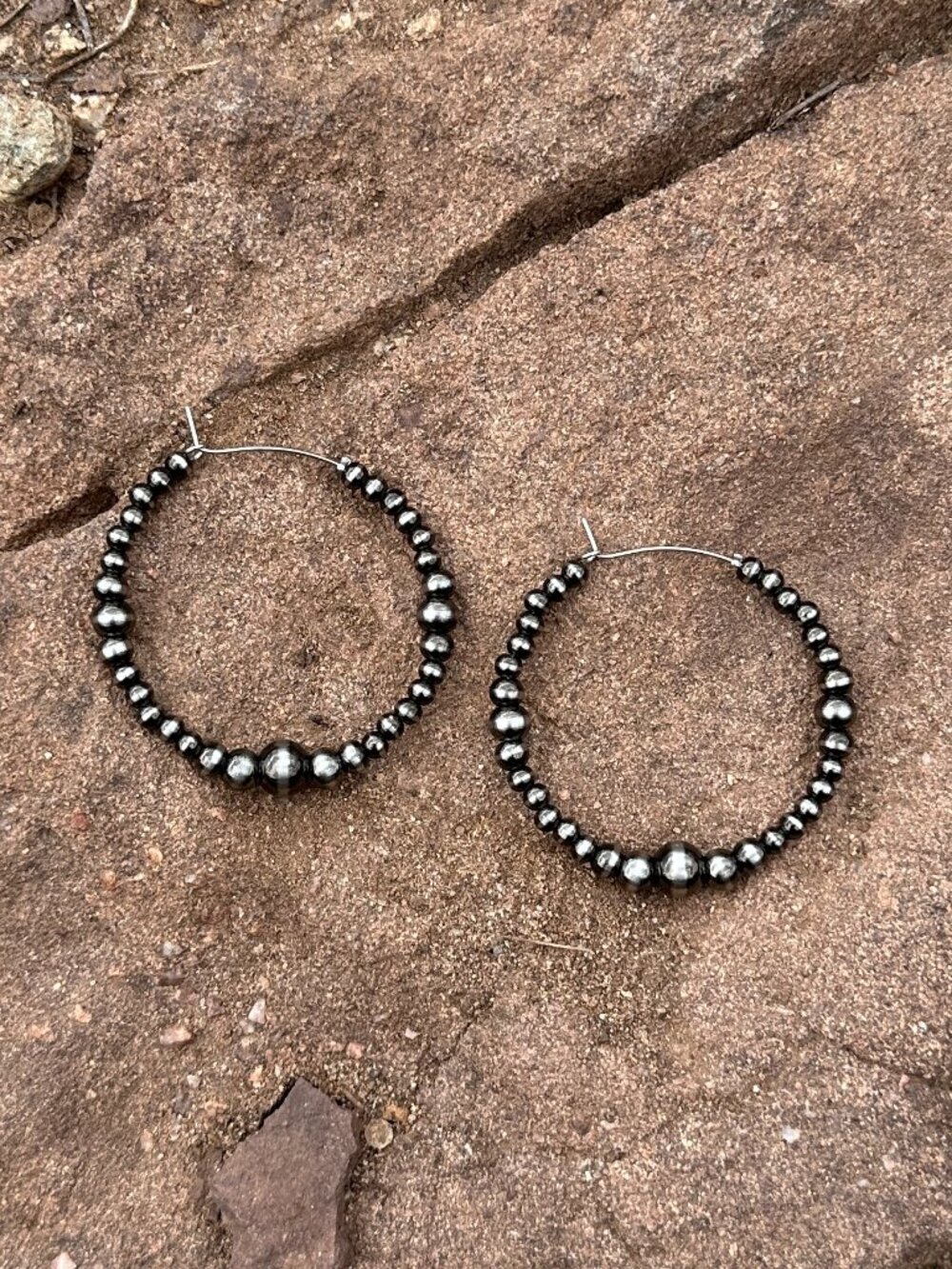 Handmade Brushed Steel Western Pearl Dual Graduated Hoop Earrings